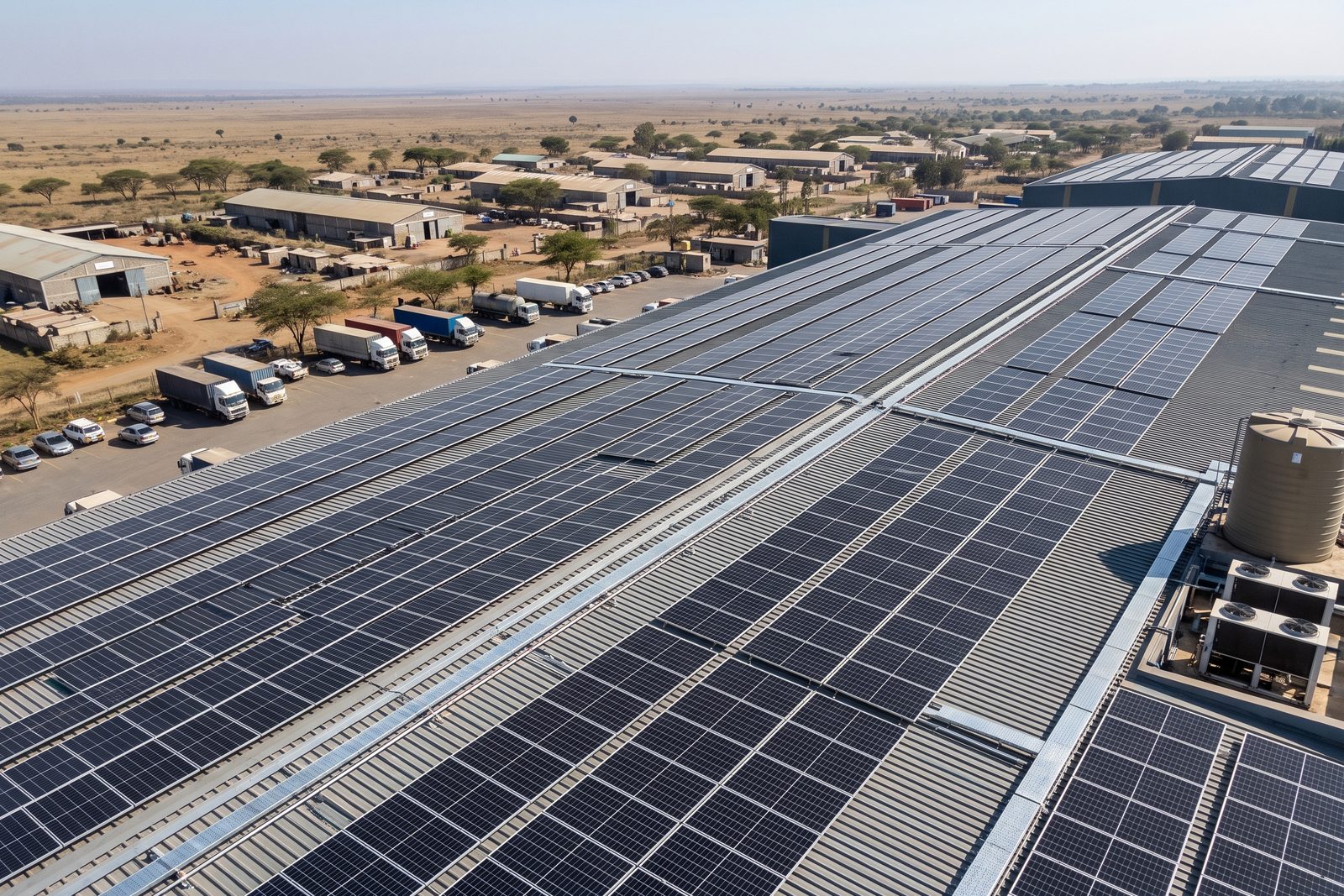 Large commercial solar array on a warehouse roof along Mombasa Road, Nairobi