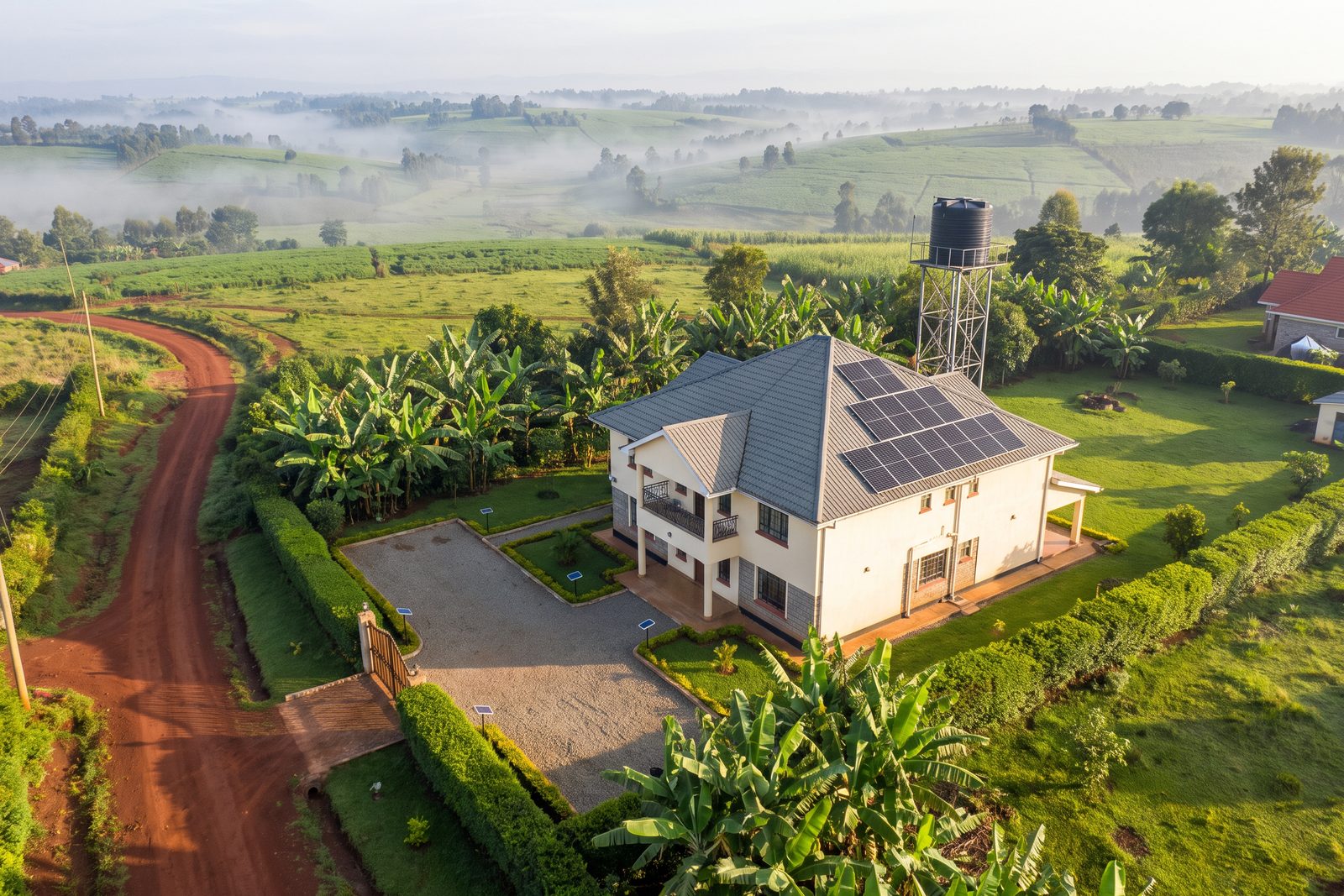Aerial view of a Kiambu family home with solar panels on the roof and a water tank tower