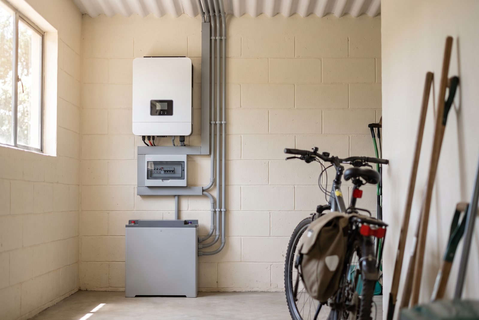 Hybrid solar inverter, distribution box and battery installed on a garage wall in a Nairobi home