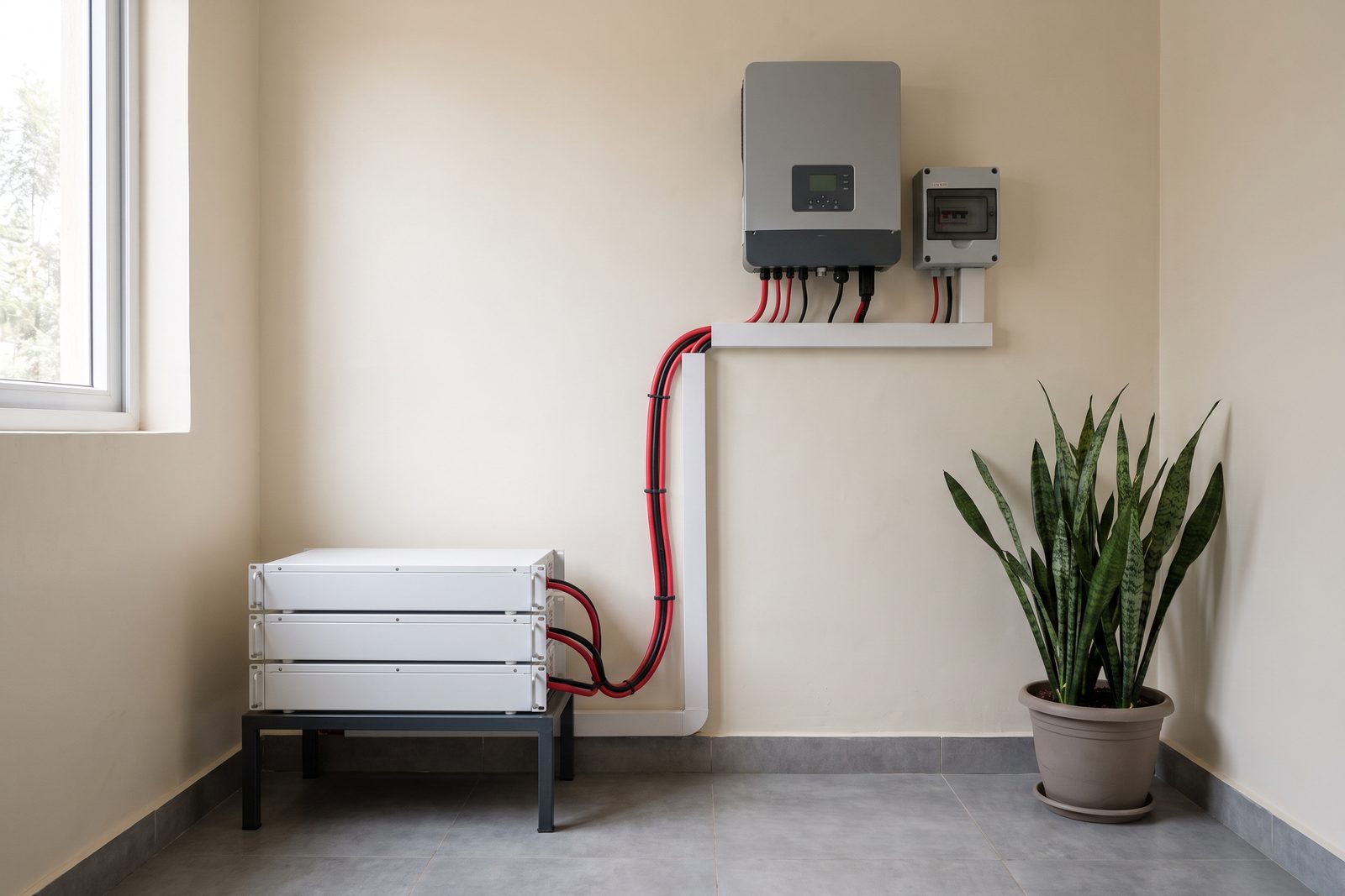 Stacked lithium solar battery modules wired to a wall-mounted inverter in a Nairobi utility room