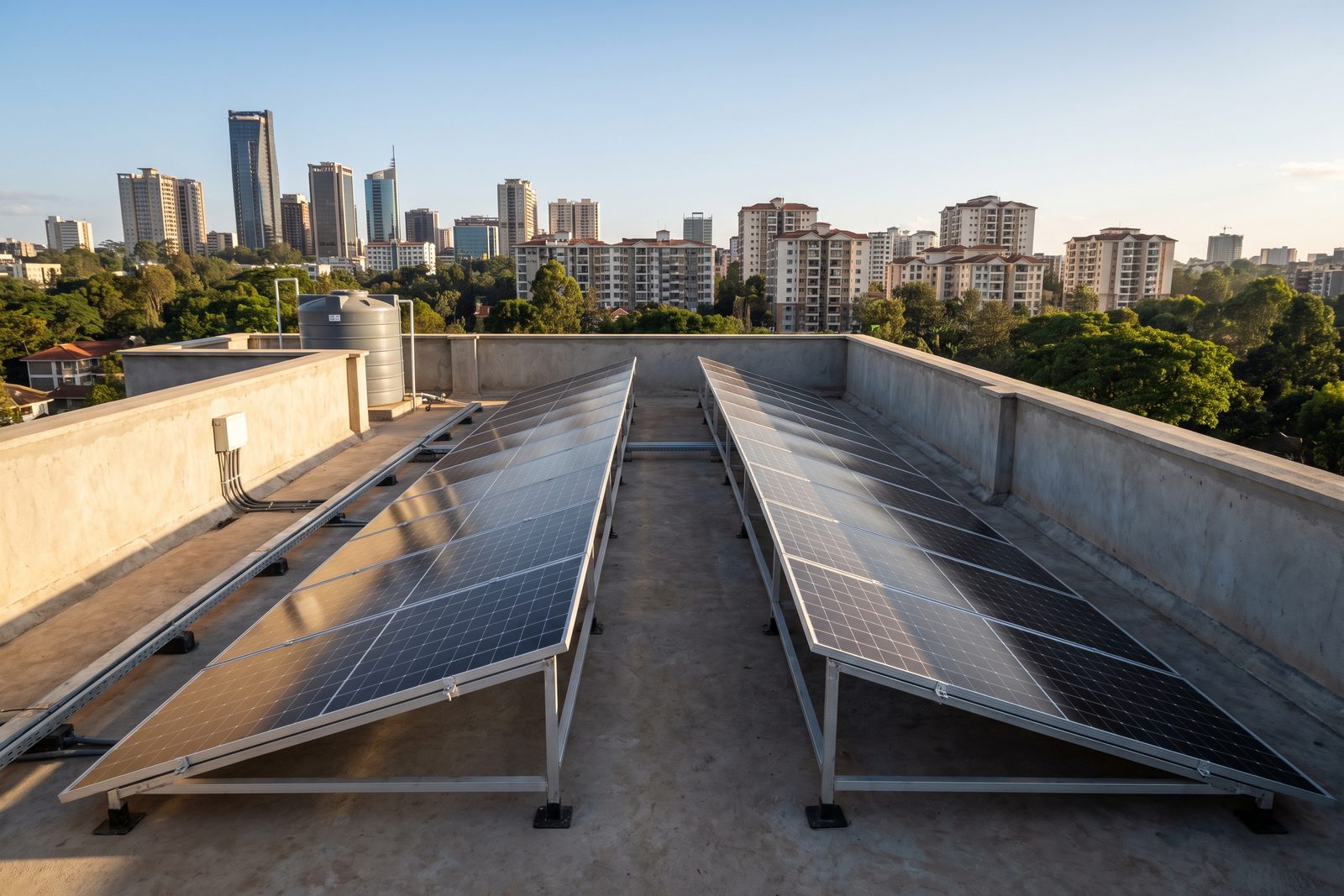 Rooftop solar panels on a Kilimani apartment block with the Nairobi skyline behind