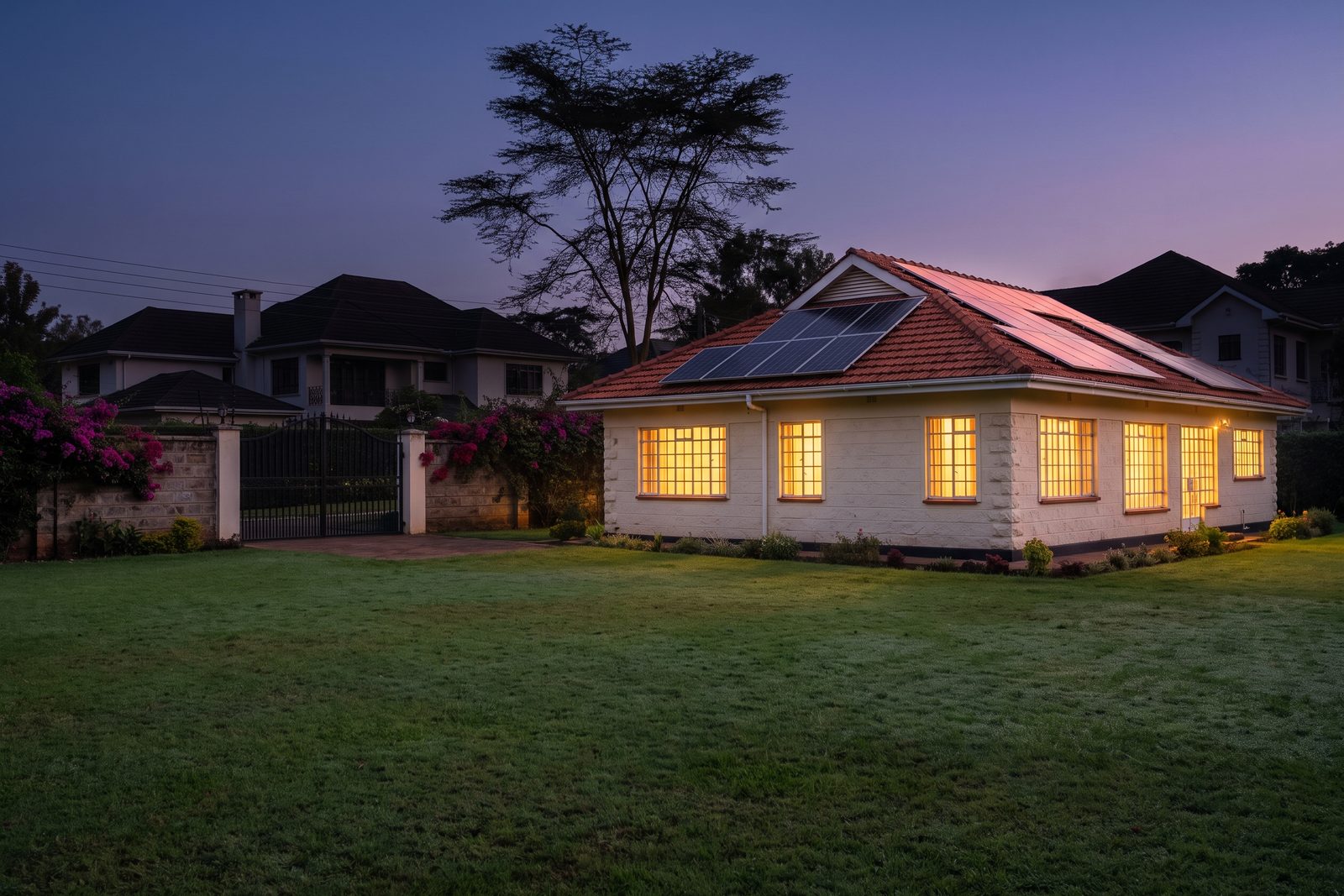 Solar-powered Nairobi home with its lights on at dusk while neighbouring houses are dark
