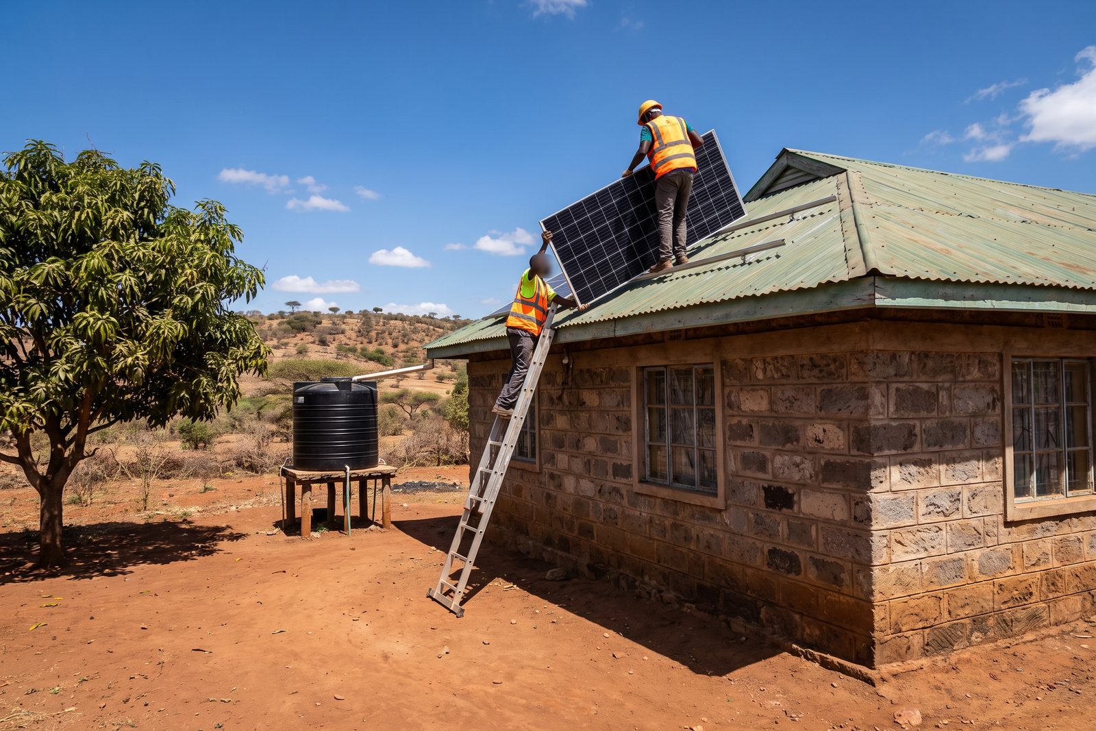 Installers lifting a solar panel onto the mabati roof of a stone farmhouse in Machakos County