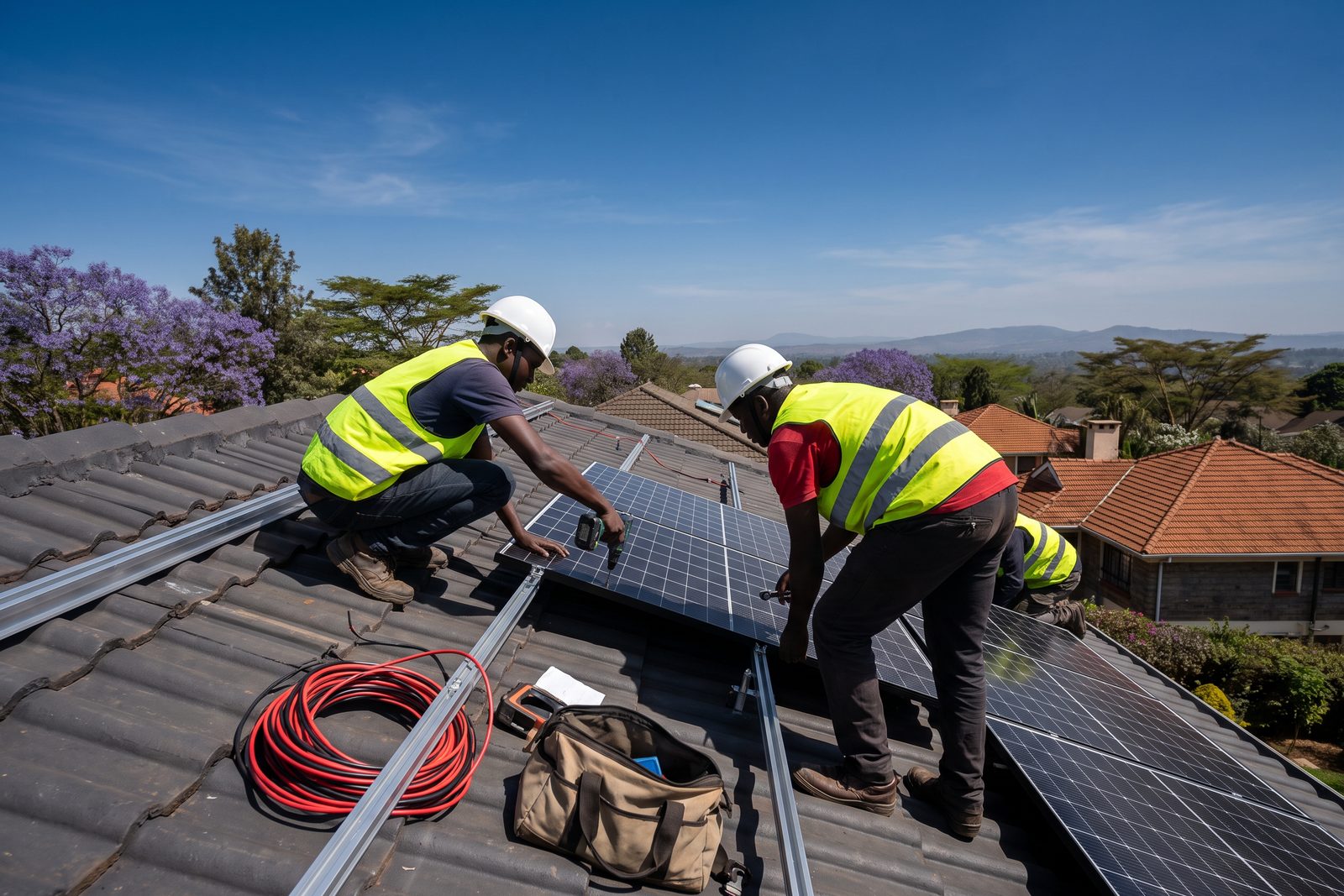 Solar installers fitting panels on a tiled roof in Karen, Nairobi